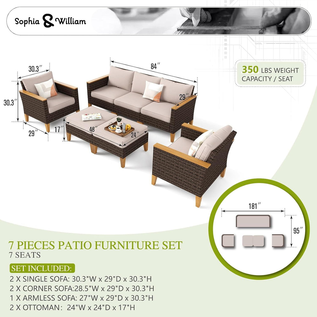 Sophia & William Wicker Patio Furniture Set, Outdoor Rattan Sectional Sofa 7 Piece Patio Conversation Set with 2 x Corner Sofa, 2 x Single Chairs, 1 x Armless Couch, 2 x Ottoman for Deck, Backyard