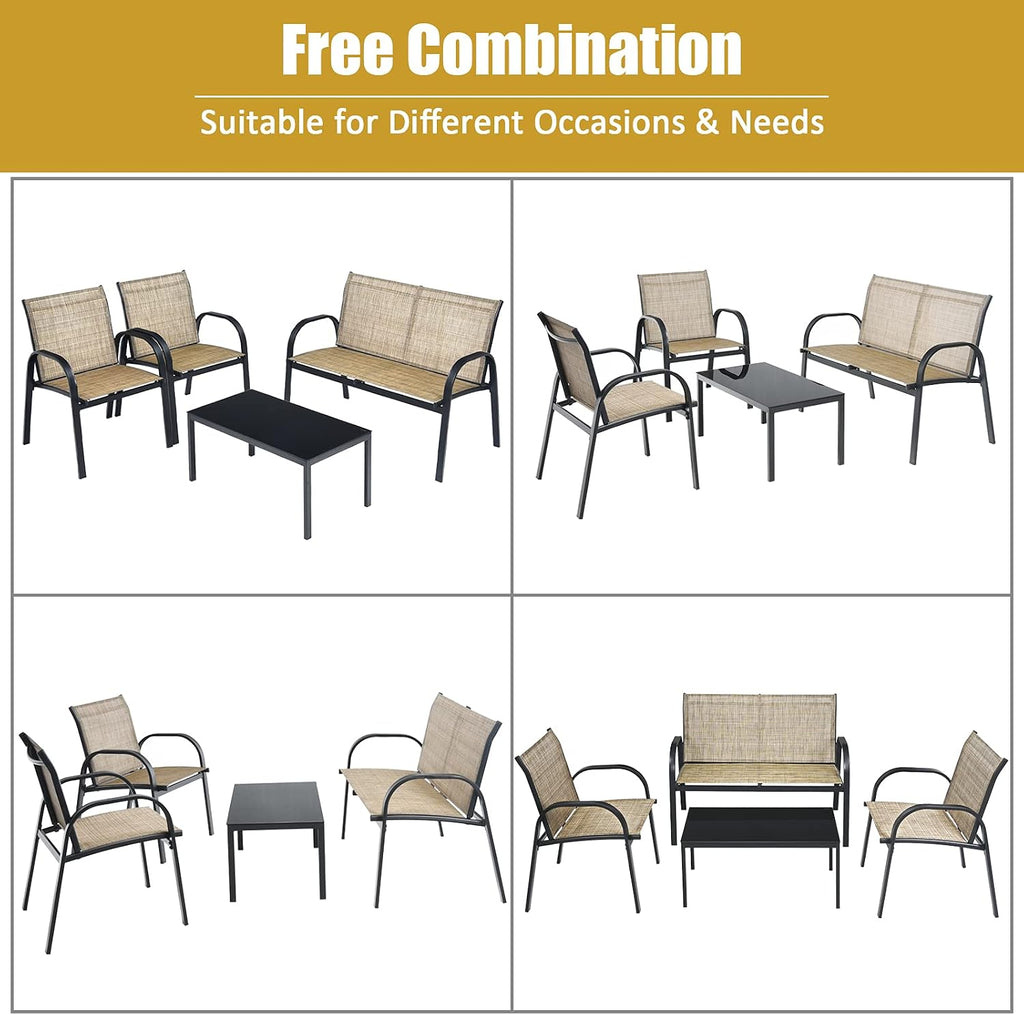Tangkula 4 Pieces Patio Furniture Set, Metal Frame Heavy Duty Outdoor Conversation Set, Includes Glass Top Coffee Table, 2 Armrest Chairs and Loveseat, Suitable for Lawn Garden Porch Balcony (Brown)