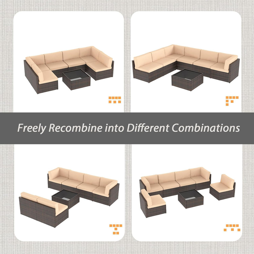 AECOJOY 7 Piece Outdoor Patio Furniture Set, Outdoor Sectional Conversation Furniture Chair with Coffee Table,Patio Sectional for Garden,Backyard(Khaki Cushions and Brown PE Rattan)