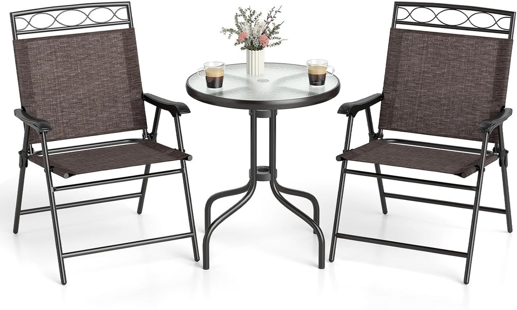 Goplus Bistro Table and Chairs Set of 2, Outdoor 3 Piece Patio Bistro Set with 1.57' Umbrella Hole, Tempered Glass Tabletop, 2 Folding Chairs, Small Patio Furniture Dining Set for Garden, Balcony