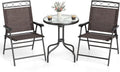 Goplus Bistro Table and Chairs Set of 2, Outdoor 3 Piece Patio Bistro Set with 1.57' Umbrella Hole, Tempered Glass Tabletop, 2 Folding Chairs, Small Patio Furniture Dining Set for Garden, Balcony