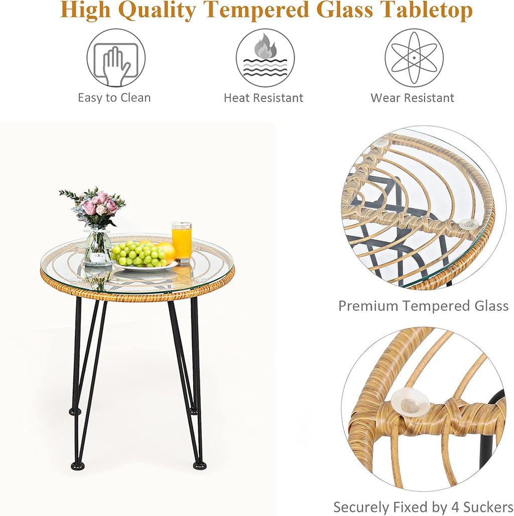 Tangkula 3 Pieces Patio Bistro Set, Rattan Conversation Set with 2 Cushioned Armchairs & Round Glass Coffee Table, Indoor Outdoor Wicker Furniture Set for Balcony, Backyard, Garden, Poolside