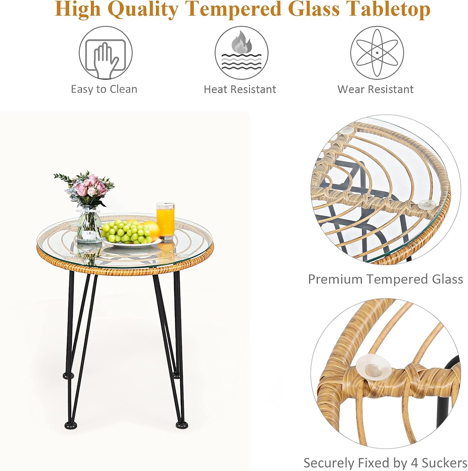 Tangkula 3 Pieces Patio Bistro Set, Rattan Conversation Set with 2 Cushioned Armchairs & Round Glass Coffee Table, Indoor Outdoor Wicker Furniture Set for Balcony, Backyard, Garden, Poolside