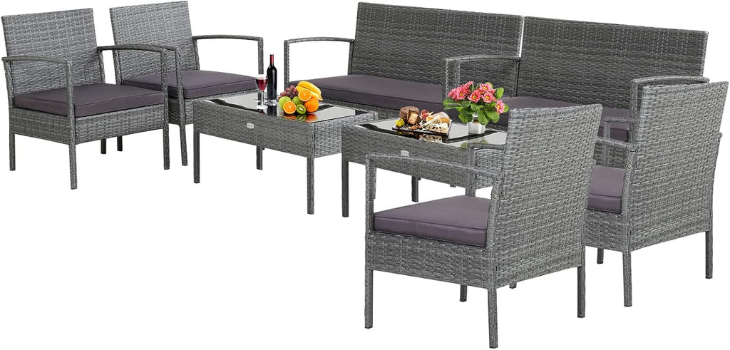 Tangkula 8 Piece Patio Furniture Set, Patiojoy Outdoor Wicker Conversation with Soft Cushion, Glass Tabletop, Solid Steel Frame, Sectional Sofa for Backyard, Poolside, Balcony
