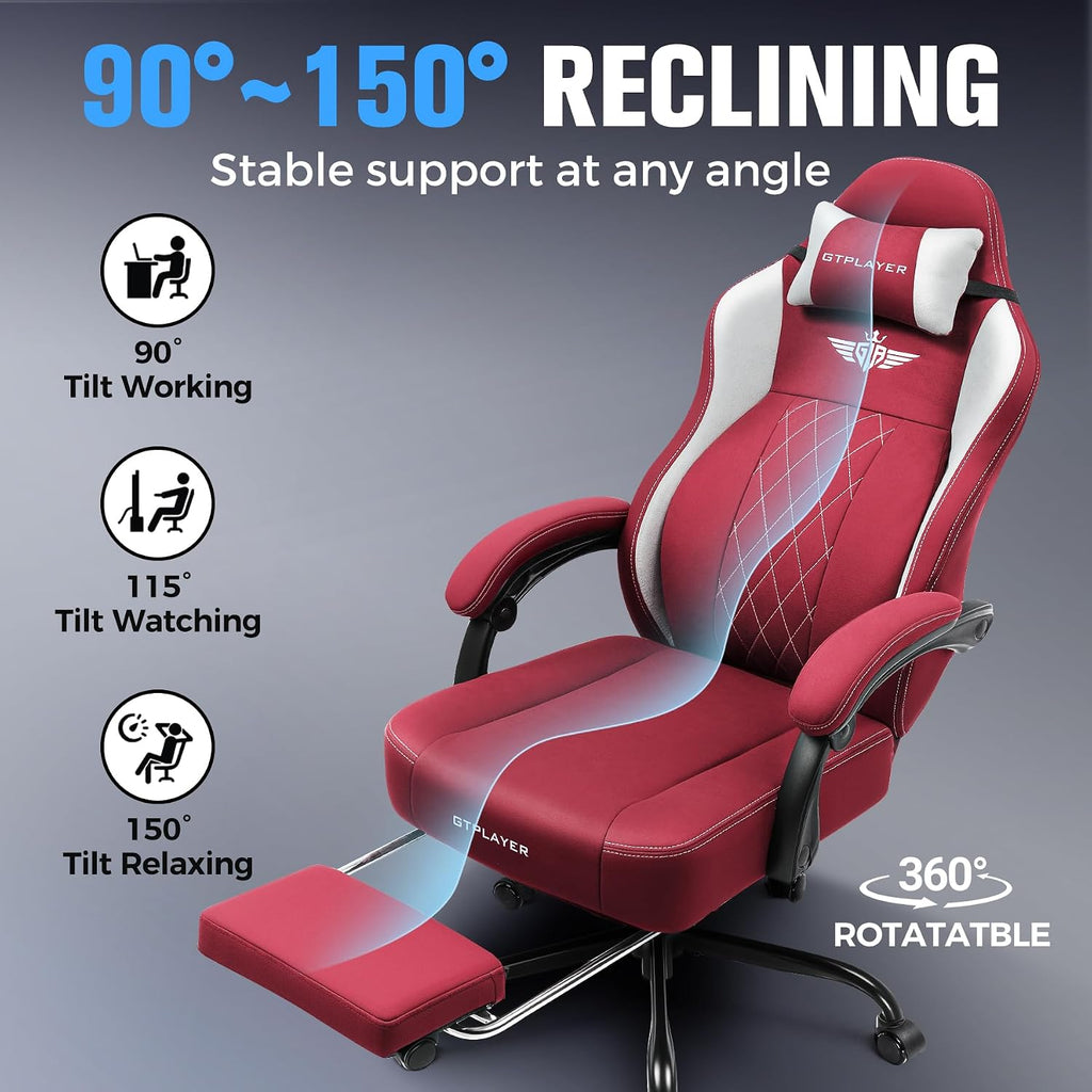 GTPLAYER Big and Tall Gaming Chair Breathable Fabric Computer Chair with Strong Lumbar Support, Comfortable Office Chairs with Pocket Spring Cushion, High Back Ergonomic Desk Chairs with Footrest