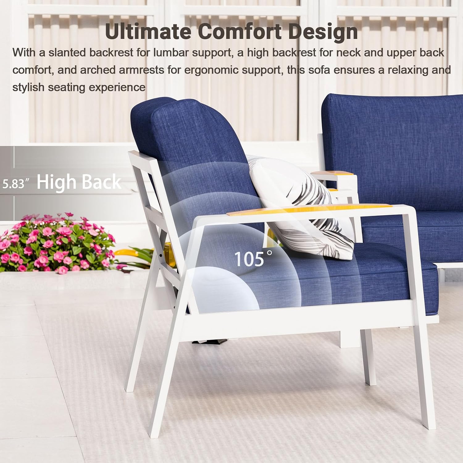 Outdoor Couch Aluminum Patio Furniture Set, All-Weather Metal Loveseat Sofa with Solid Teak Armrest and Thick Cushions, Blue
