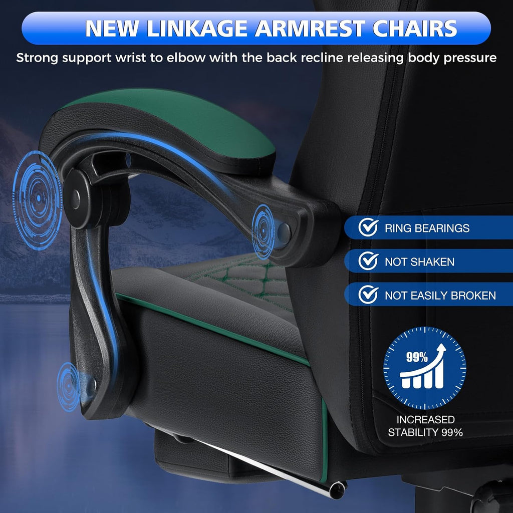 HOFFREE Gaming Chair Computer Chair with Speakers Massage Game Chairs with Footrest Bluetooth High Back Ergonomic Computer Gaming Chairs for Adults Reclining Video Gamer Chair Green and Black