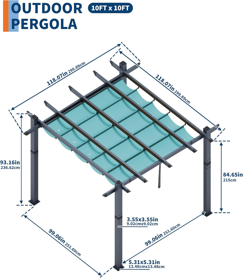 GAOMON 10x10 Ft Outdoor Pergola, Heavy-Duty Aluminum Patio Pergolas and Gazebos Clearance with Retractable Canopy Sun Shade, UV-Resistant Metal Pergola for Existing Deck, Backyard Garden Porch, Blue