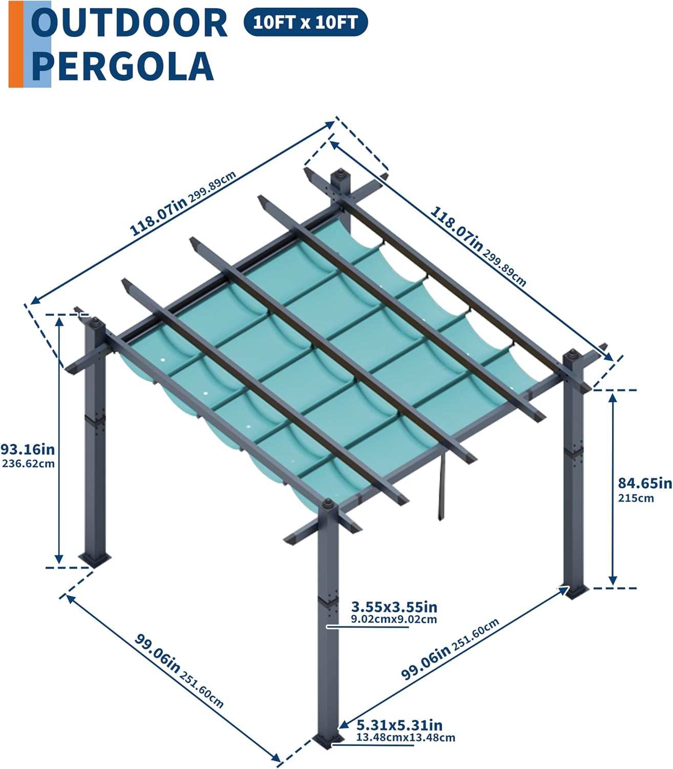 GAOMON 10x10 Ft Outdoor Pergola, Heavy-Duty Aluminum Patio Pergolas and Gazebos Clearance with Retractable Canopy Sun Shade, UV-Resistant Metal Pergola for Existing Deck, Backyard Garden Porch, Blue