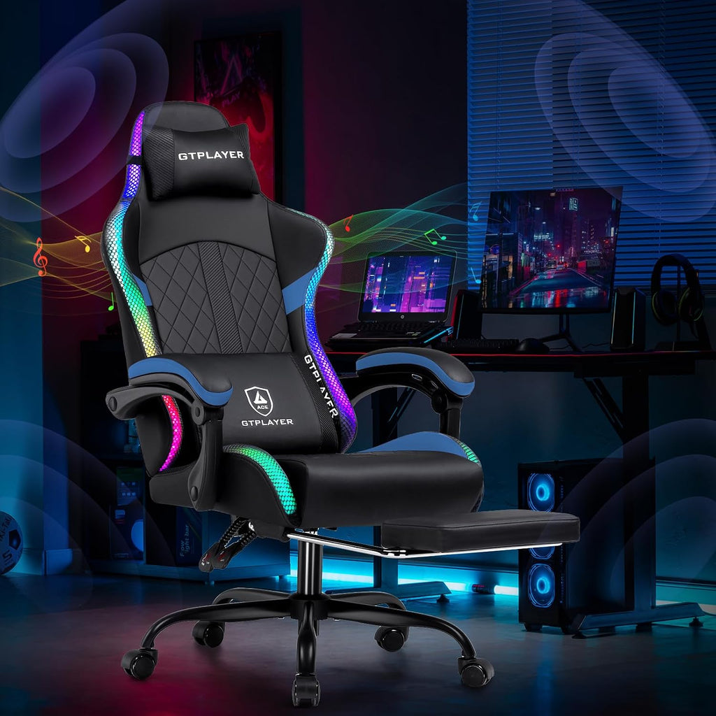 GTPLAYER RGB Gaming Chair with Speakers - LED Computer Game Chair for Adults, PC Home Office Chairs with Footrest & Lights, Reclining Desk Chairs, Dark Blue