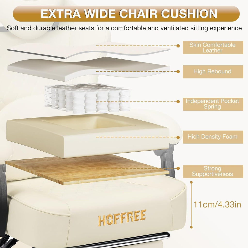 HOFFREE Gaming Chair Computer Chair with Speakers Massage Game Chairs with Footrest Bluetooth High Back Ergonomic Computer Gaming Chairs for Adults Reclining Video Gamer Chair Ivory