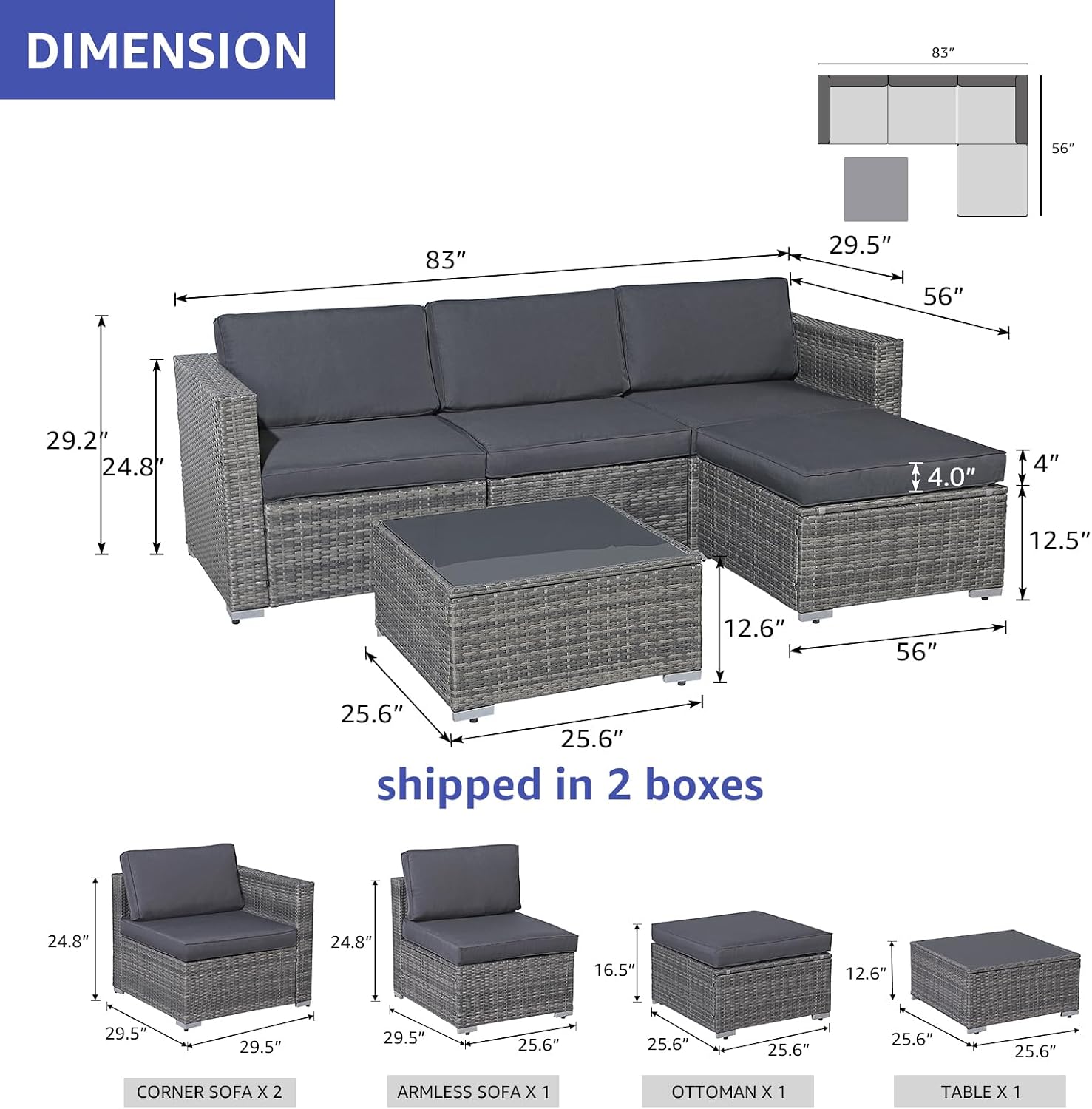 Patiorama 5 Piece Outdoor Patio Furniture Set, Outdoor Sectional Conversation Set, All-Weather Grey PE Wicker w/Dark Grey Cushions, Outdoor Backyard Porch Garden Poolside Balcony Furniture Set