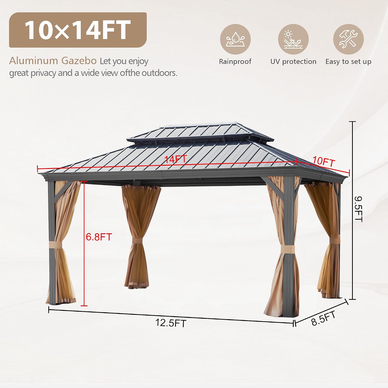 10' X 14' Hardtop Gazebo, Outdoor Galvanized Steel Double Roof Permanent Aluminum Frame Pavilion Pergola Canopy with Privacy Curtains for Garden, Patio, Backyard, Deck and Lawns