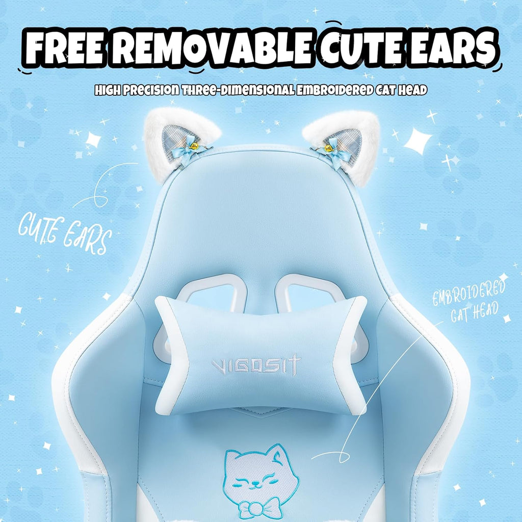 Vigosit Cat Ears Gaming Chair - Ergonomic PU Leather Office Chair, Cute Chair with Footrest for Adult 310lbs Capacity, 90°-155° Reclining paw Pillow, Blue