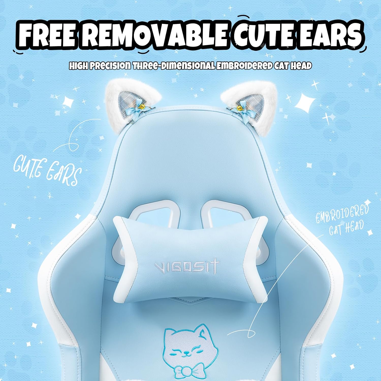 Vigosit Cat Ears Gaming Chair - Ergonomic PU Leather Office Chair, Cute Chair with Footrest for Adult 310lbs Capacity, 90°-155° Reclining paw Pillow, Blue