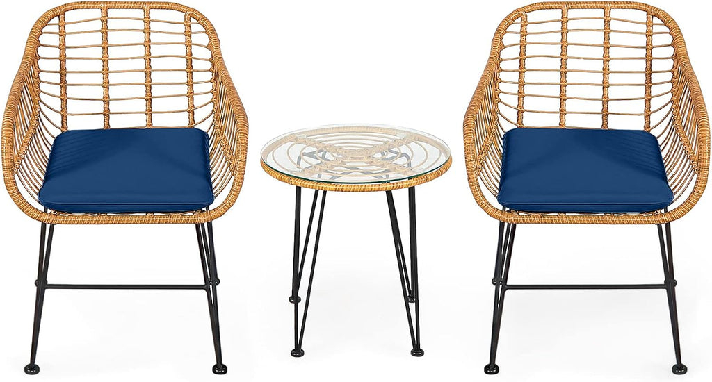 Tangkula 3 Pieces Patio Bistro Set, Rattan Conversation Set with 2 Cushioned Armchairs & Round Glass Coffee Table, Indoor Outdoor Wicker Furniture Set for Balcony, Backyard, Garden, Poolside