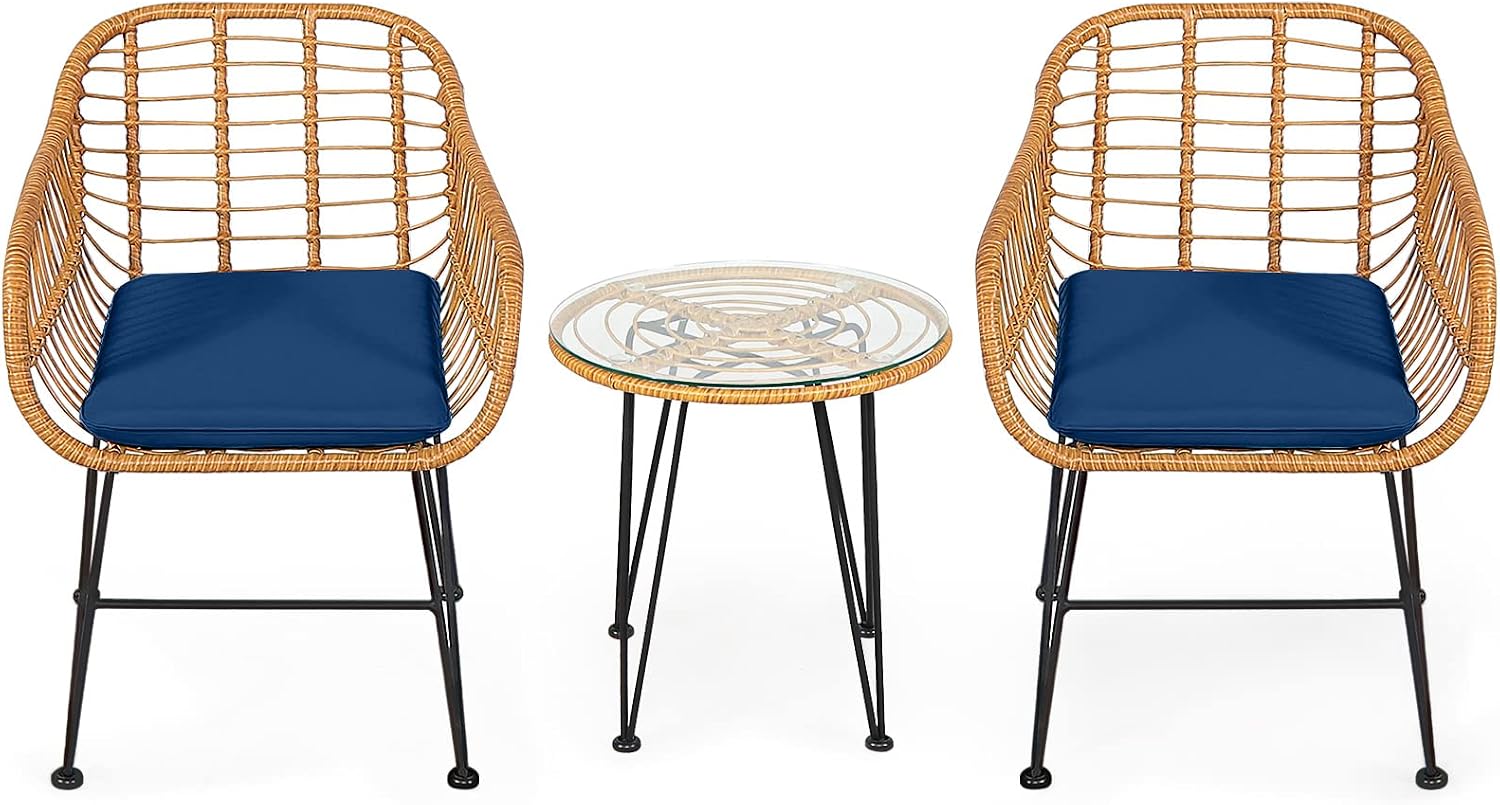 Tangkula 3 Pieces Patio Bistro Set, Rattan Conversation Set with 2 Cushioned Armchairs & Round Glass Coffee Table, Indoor Outdoor Wicker Furniture Set for Balcony, Backyard, Garden, Poolside