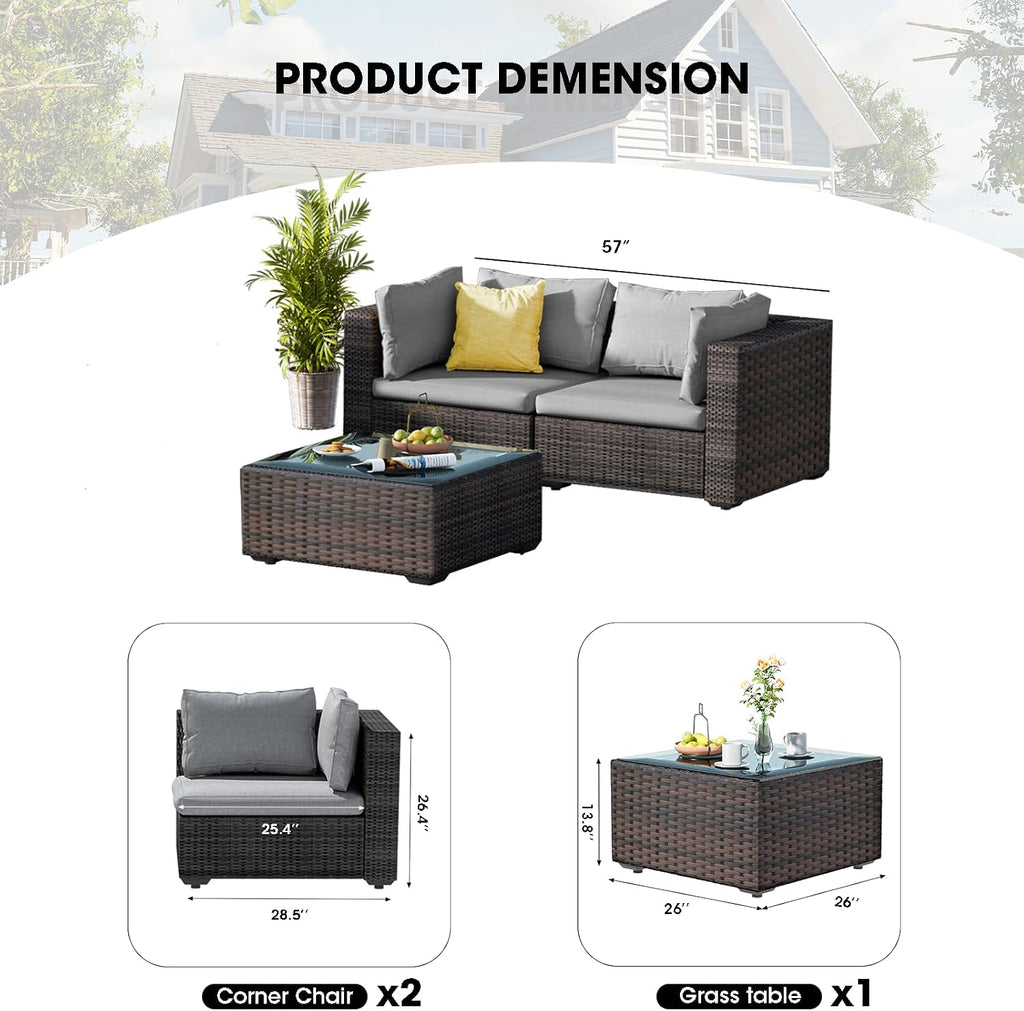 3 Piece Patio Furniture Set All Weather PE Rattan Outdoor Sectional Sofa Couch with No-Slip Cushions and Glass Top Table for Garden, Poolside, Backyard (Gray)