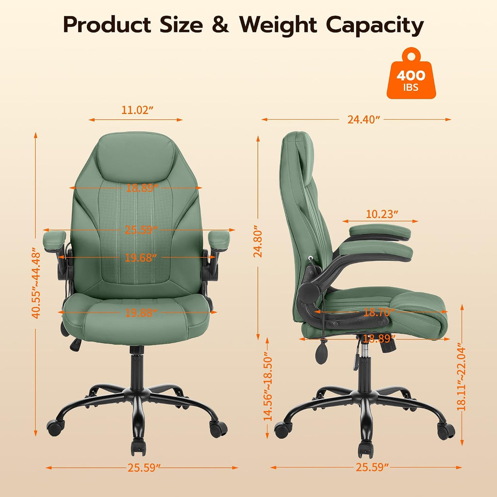 Ylzyxal Office Desk Chair, Ergonomic Computer Chair with Padded Flip-Up Arms and Adjustable Lumbar Support, PU Leather Executive Chair with Tilt Lock and 360° Swivel Rolling Wheels for Work, Study