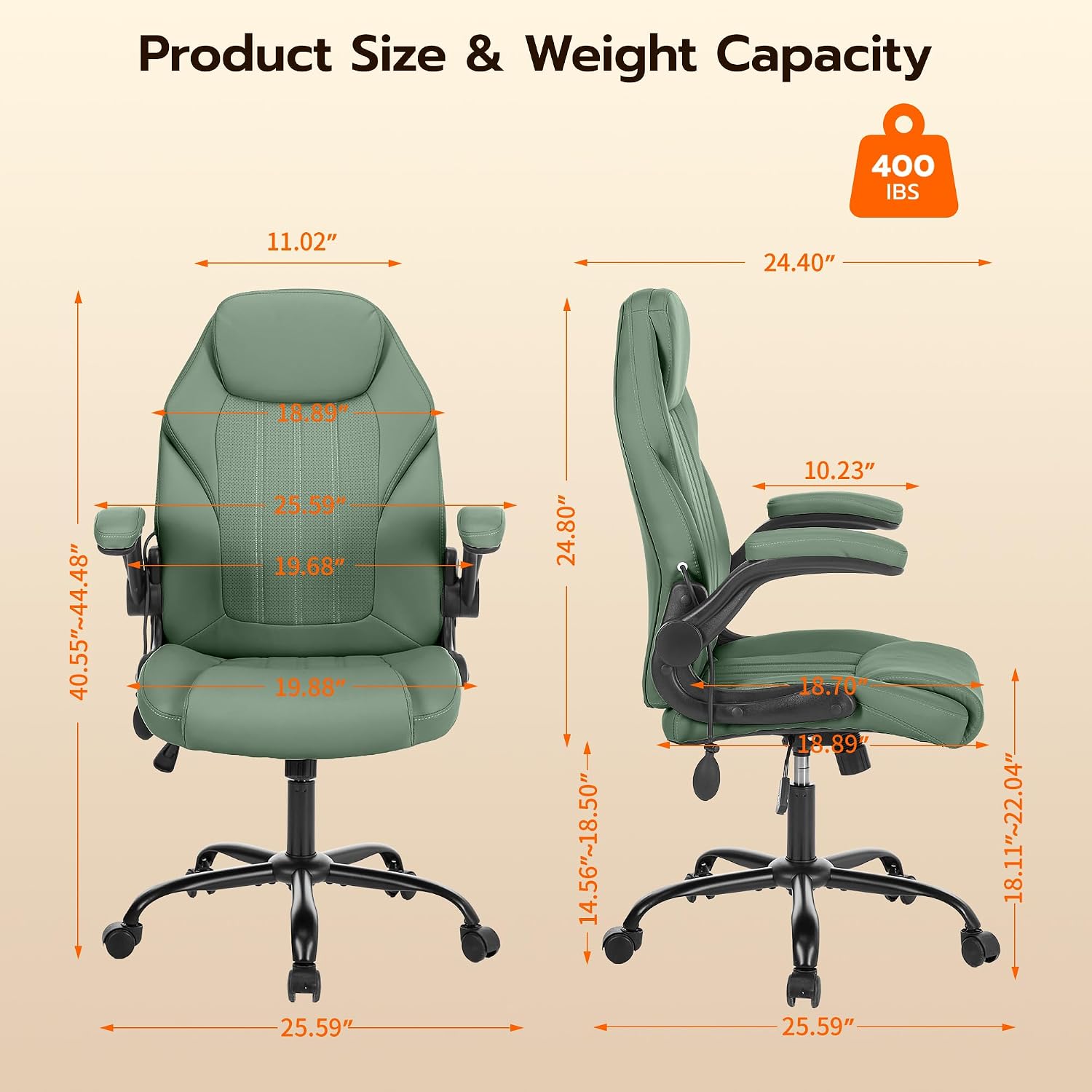 Ylzyxal Office Desk Chair, Ergonomic Computer Chair with Padded Flip-Up Arms and Adjustable Lumbar Support, PU Leather Executive Chair with Tilt Lock and 360° Swivel Rolling Wheels for Work, Study