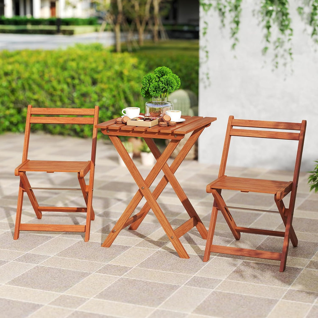 Tangkula 3 Pieces Solid Wood Patio Bistro Set with 2 Folding Chairs, Outdoor Table and Chairs Set, Balcony Furniture Set, Small Patio Set for Porch, Deck, Garden and Backyard