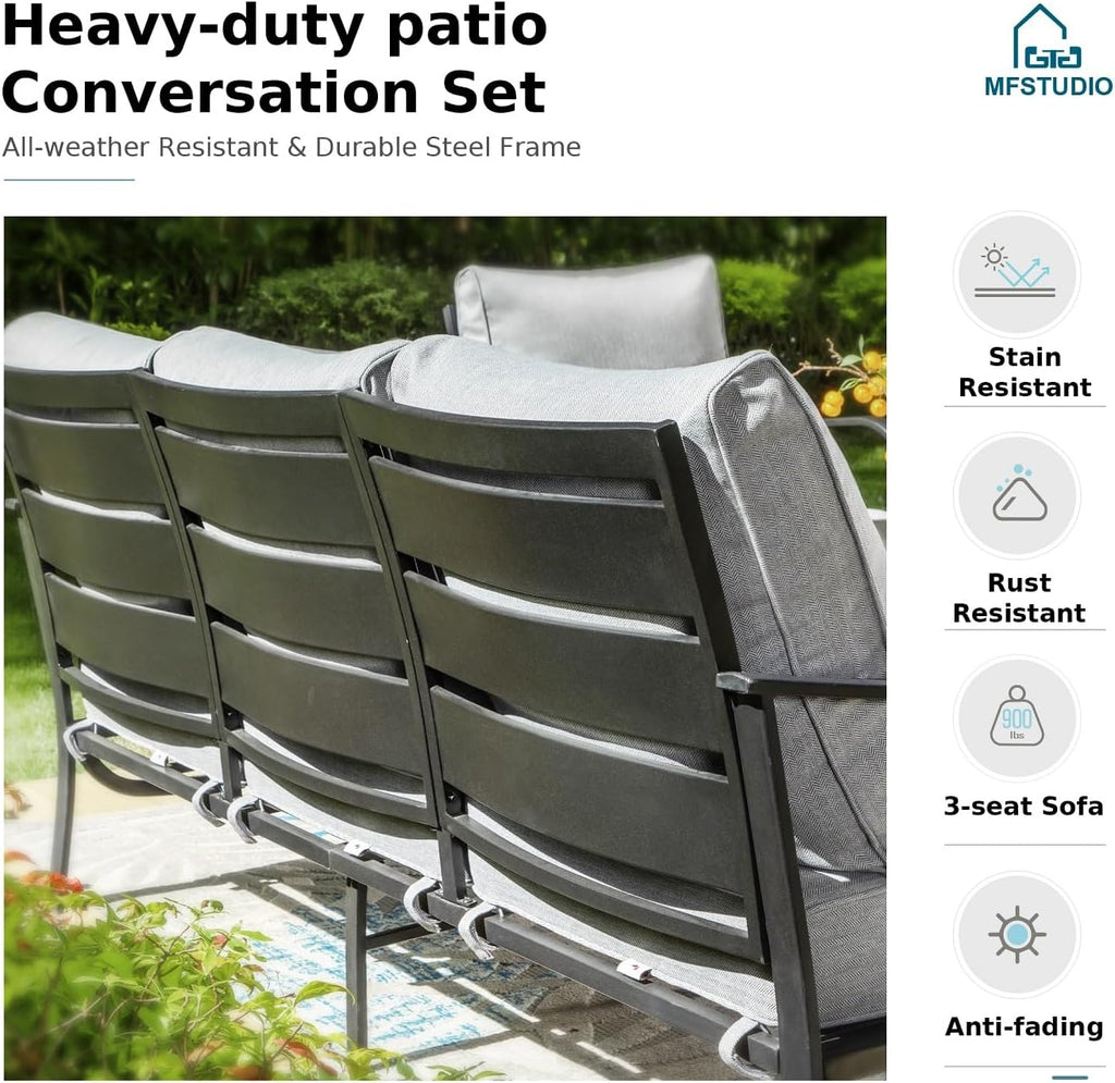 MFSTUDIO 4 Piece Patio Conversation Sets, All Weather Metal Frame Outdoor Furniture Set Patio Sofas with 1 x 45 Rectangular Fire Pit Table, 1 x 3-Seat Sofa, 2 x Sofa Chairs, Grey Cushion