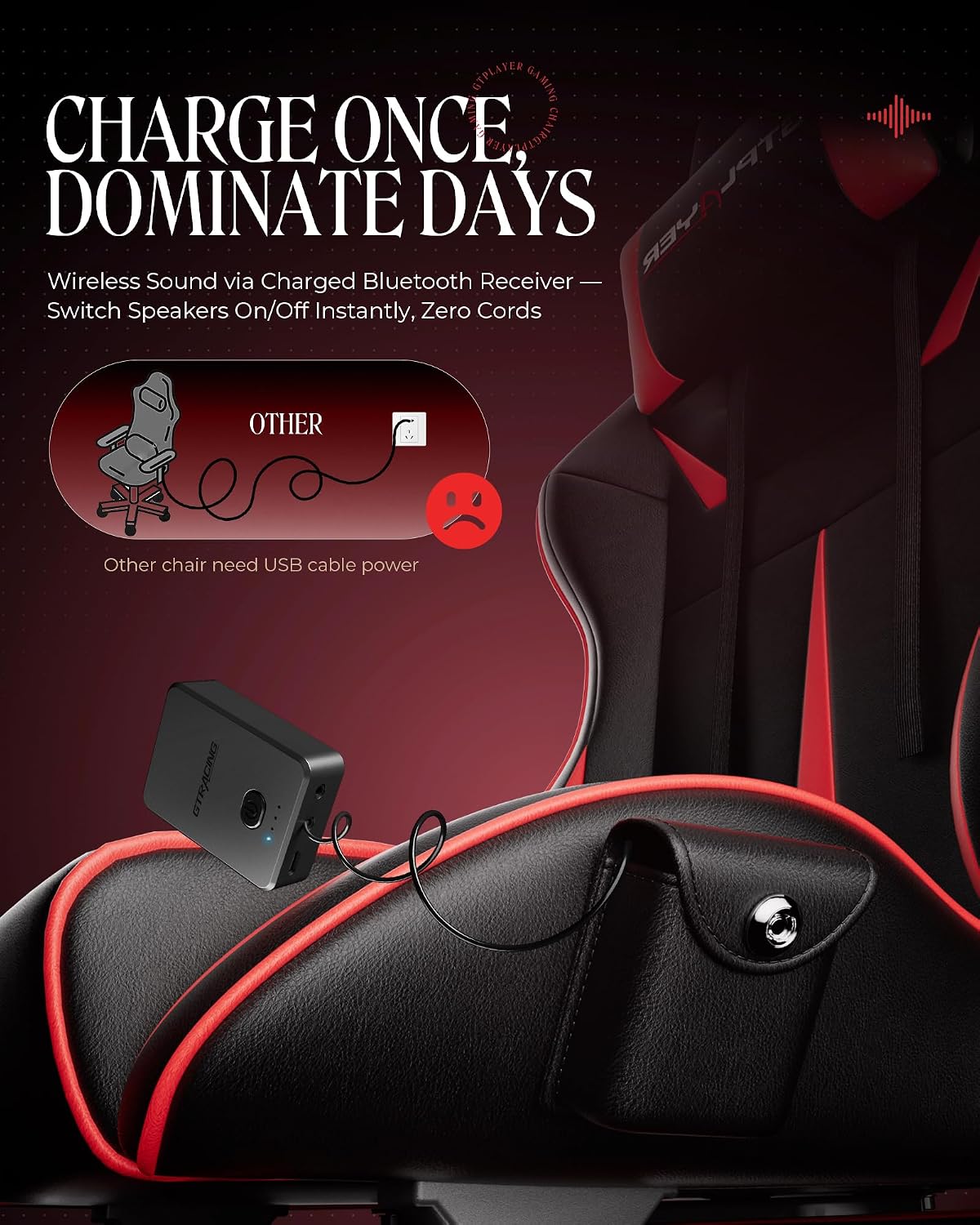 GTPLAYER Gaming Chair with Speakers, Video Game Chairs with Footrest, PC Game Chairs for Adults - Padded High Back Ergonomic Reclining Silla, Linkage Armrest, 909MF, Black-Red