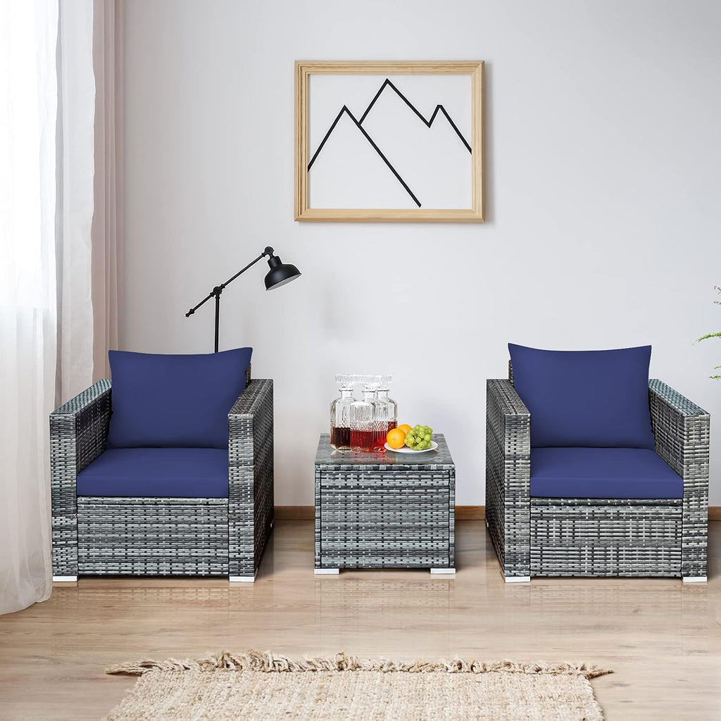 COSTWAY 3-Piece Patio Furniture Set, Outdoor Wicker Rattan Sofa with Cushions and Coffee Table, Conversation Chair Set for Poolside Backyard Balcony Lawn (Navy)