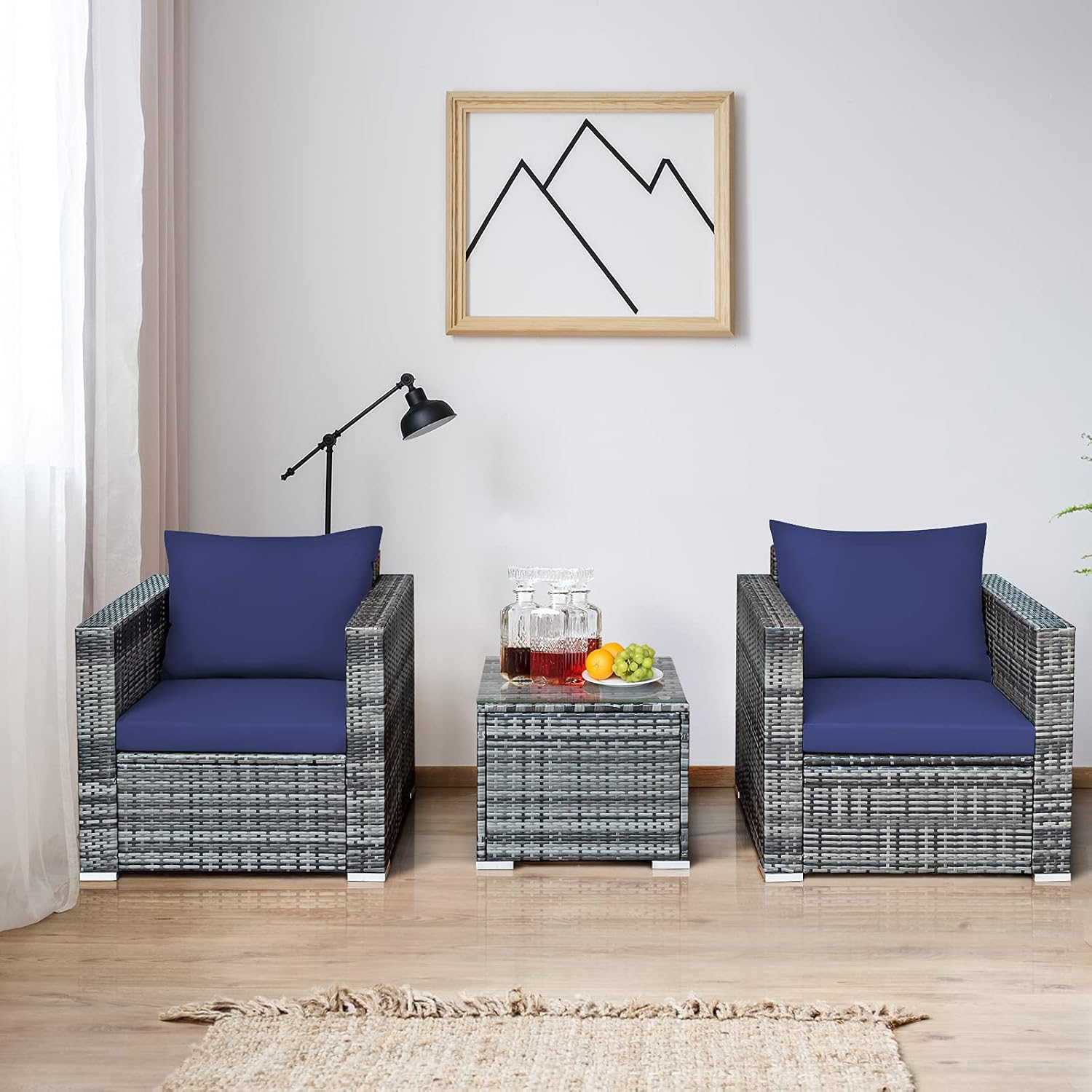 COSTWAY 3-Piece Patio Furniture Set, Outdoor Wicker Rattan Sofa with Cushions and Coffee Table, Conversation Chair Set for Poolside Backyard Balcony Lawn (Navy)