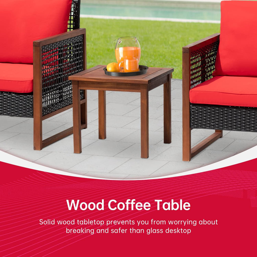 FDW Patio Bistro Set 3-Piece Acacia Wood Outdoor Chat Conversation Table Chair Set Outdoor Wood Chat Set with Water Resistant Cushions and Coffee Table for Beach Backyard Garden,Red Cushion