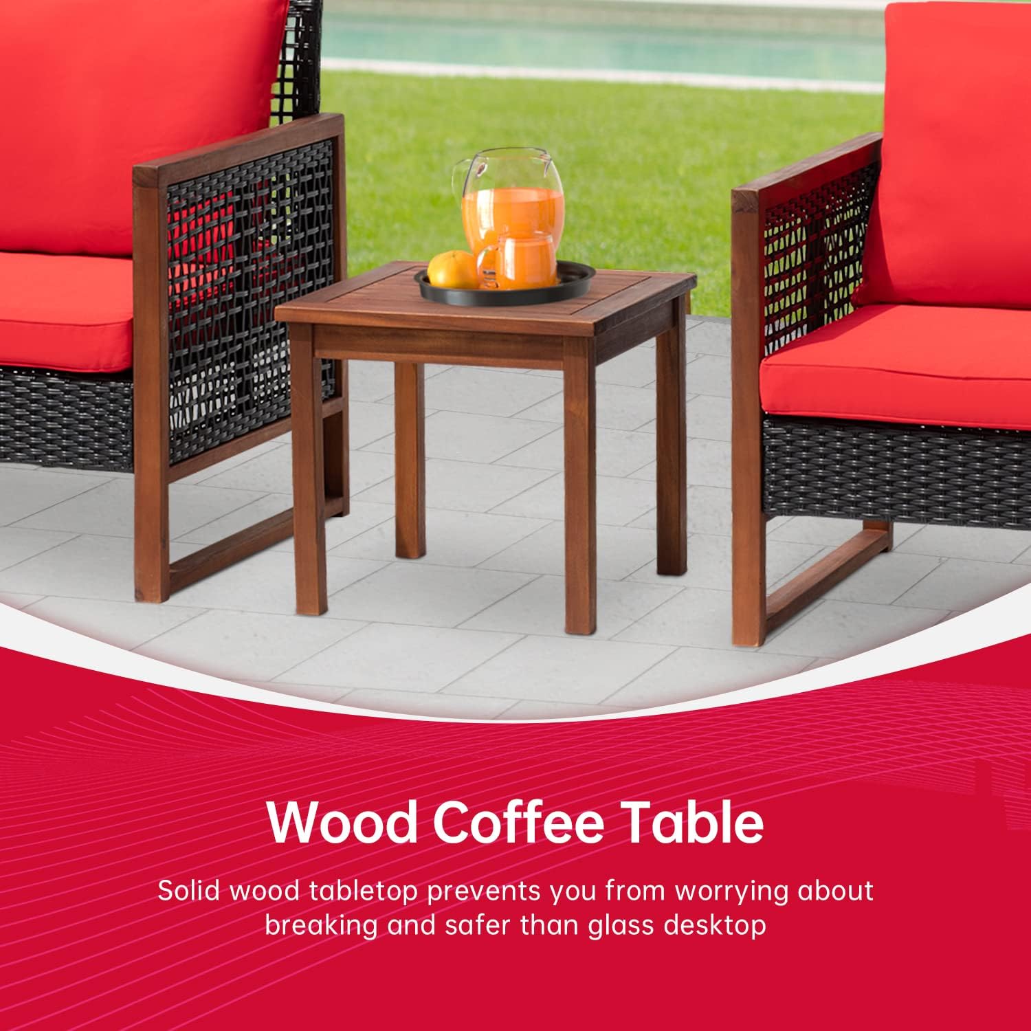 FDW Patio Bistro Set 3-Piece Acacia Wood Outdoor Chat Conversation Table Chair Set Outdoor Wood Chat Set with Water Resistant Cushions and Coffee Table for Beach Backyard Garden,Red Cushion