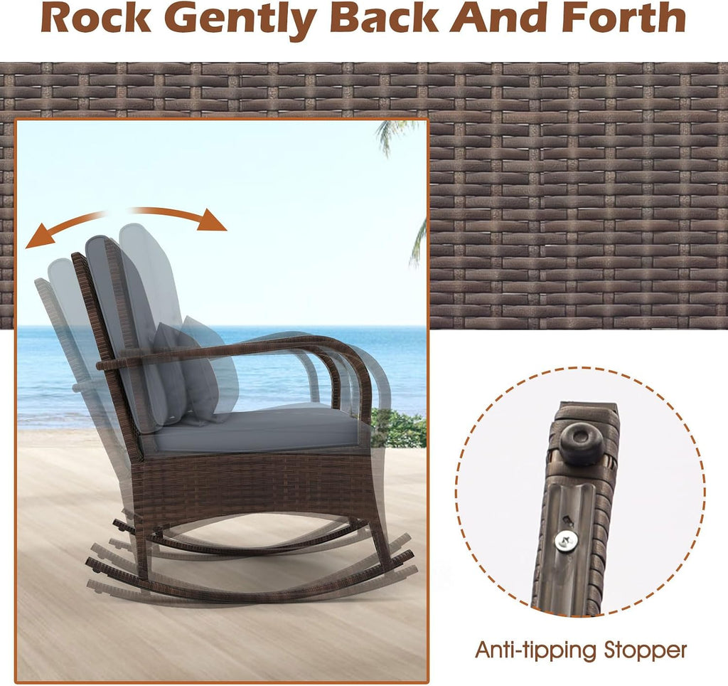 ORALNER 3 Pieces Patio Furniture Set, Outdoor Wicker Rocking Chairs with Cushions, Pillows, Glass Coffee Table, Rattan Bistro Rocker Set for Balcony Front Porch Poolside Garden Deck Yard (Grey)