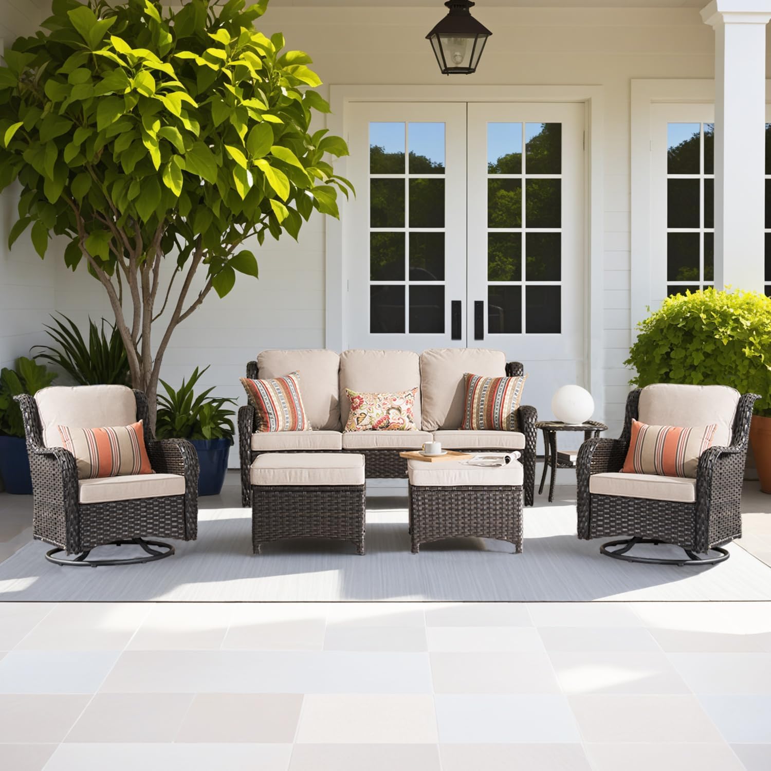 ovios 6-Pieces Patio Furniture Set, Outdoor Wicker Sofa Couch with Swivel Glider Chairs Comfy Cushions, High Back Modern Conversation Set, Brown Rattan, Beige