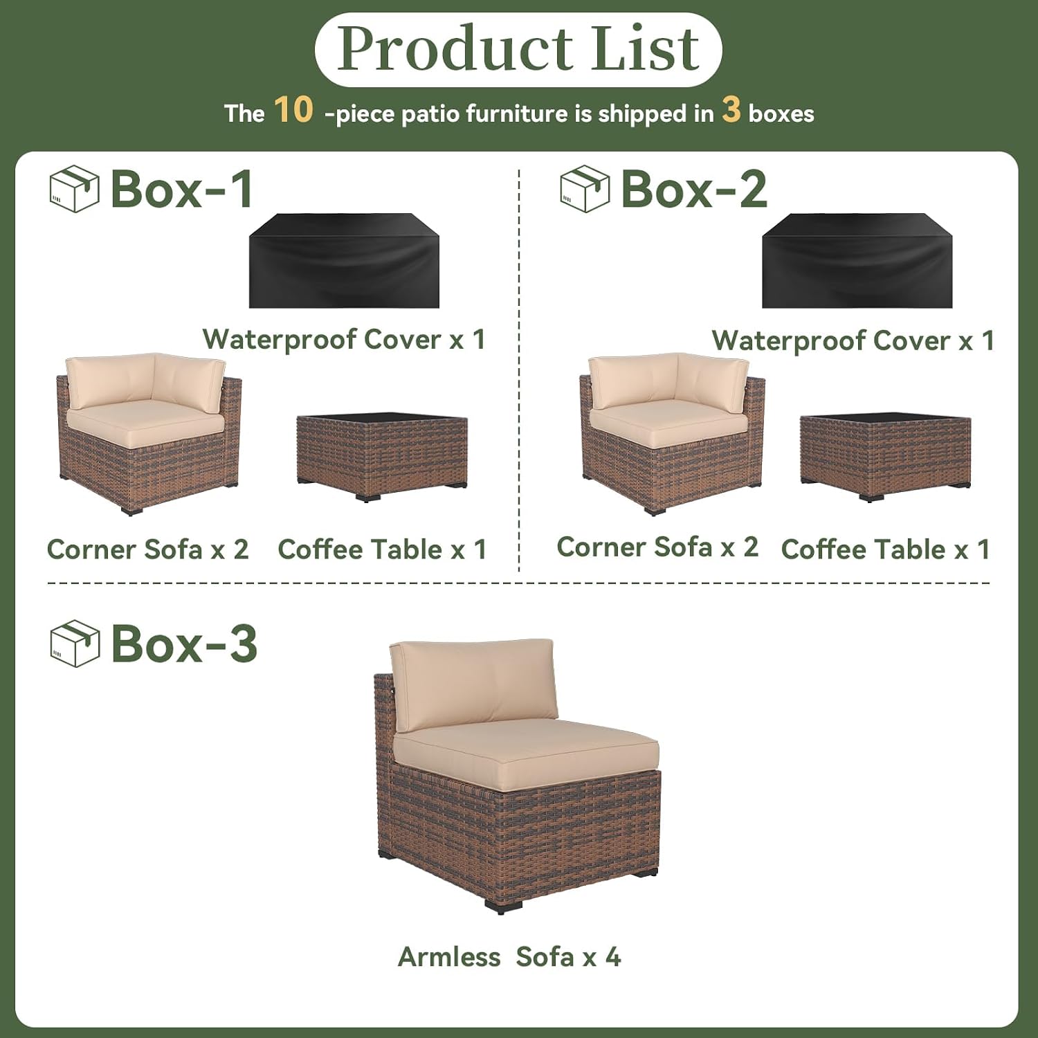 Aoxun 10 Piece Patio Furniture Set Wicker Rattan Patio Conversation Set Outdoor Sectional Sofa Set with Coffee Table and 4' Thickened Cushions, Beige(Waterproof Cover Included)