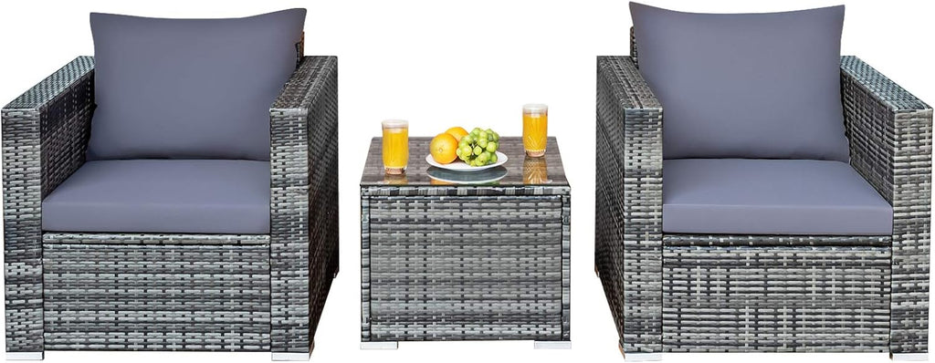 Tangkula 3 Pieces Patio Furniture Set, PE Rattan Wicker Sofa Set w/Washable Cushion and Tempered Glass Tabletop, Outdoor Conversation Furniture for Garden Poolside Balcony