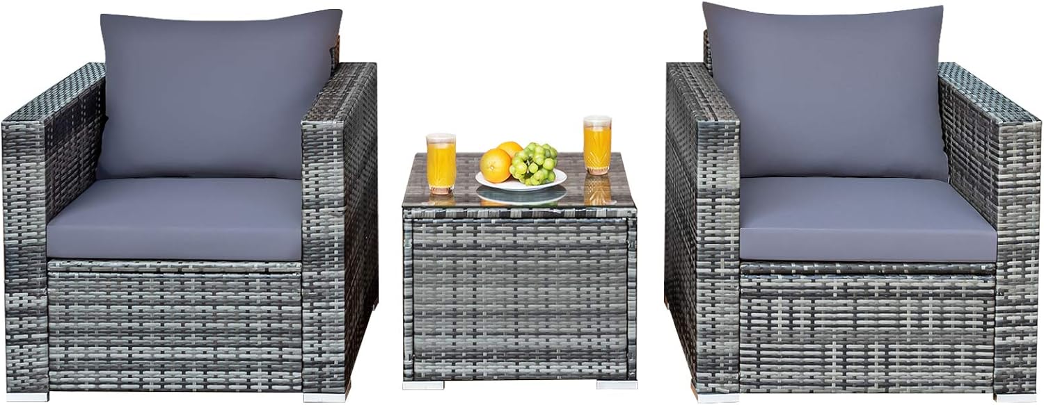 Tangkula 3 Pieces Patio Furniture Set, PE Rattan Wicker Sofa Set w/Washable Cushion and Tempered Glass Tabletop, Outdoor Conversation Furniture for Garden Poolside Balcony