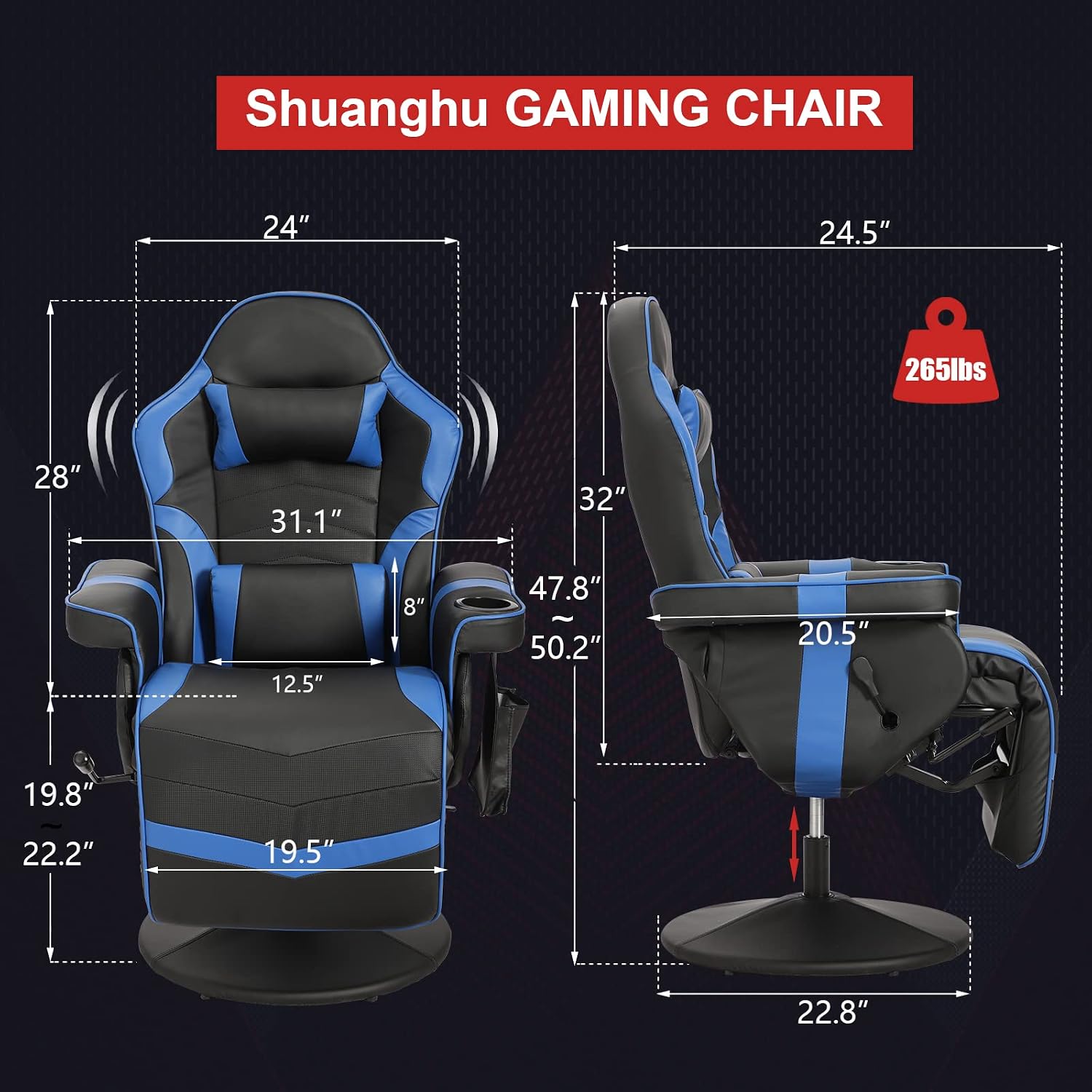 Gaming Chair, Reclining Gaming Chair with Footrest, PU Leather Game Chair Recliner with Massage, Swivel Recliner Gaming Chairs for Adults with Cup Holder, Lumbar Support, Side Pouch (Blue)