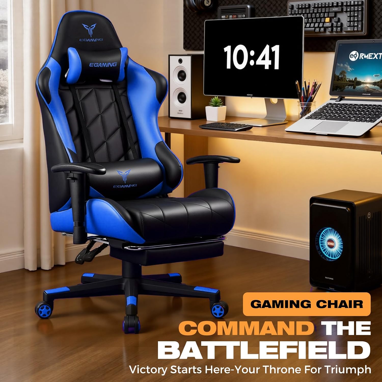 Gaming Chair with Footrest, Ergonomic High-Back PU Leather Computer Chair with 3D Adjustable Armrests, Headrest and Lumbar Support, Office Desk Chair with Diamond Stitching for Adults & Teen
