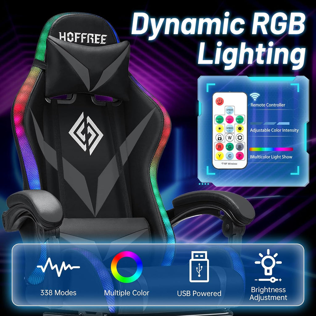 HOFFREE Gaming Chair Massage with Bluetooth Speakers and Led Lights Ergonomic Computer Gaming Chairs with Footrest RGB Video Game Chair with High Back Lumbar Support Grey and Black