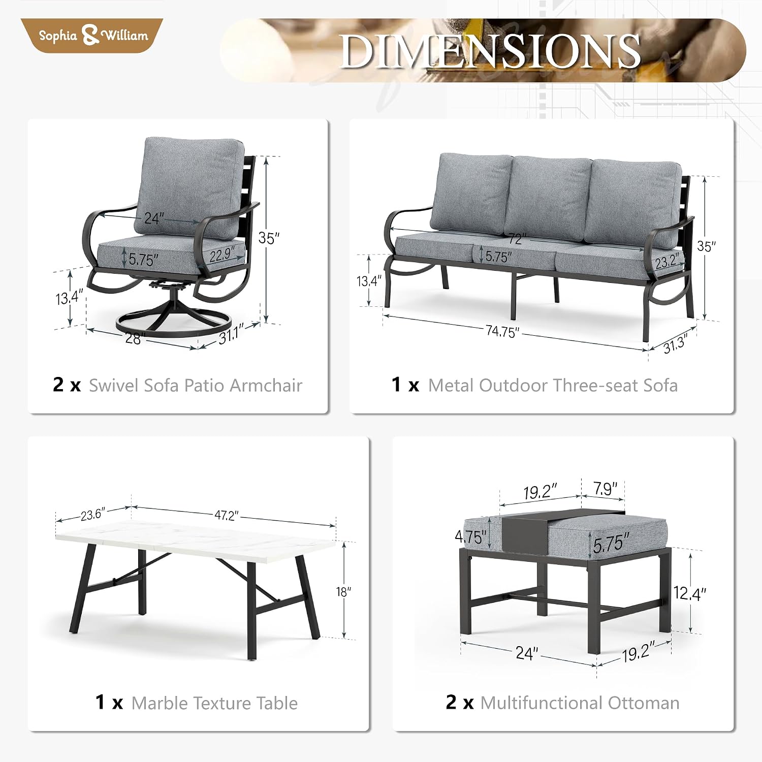 Sophia & William Patio Furniture Sets 7 Seats Outdoor Conversation Set 6 Pcs,2 x Cushioned Swivel Sofa Chairs,1 x 3-Seat Sofa,2 Ottomans, Marbling Metal Coffee Table Patio Backyard Poolside Grey