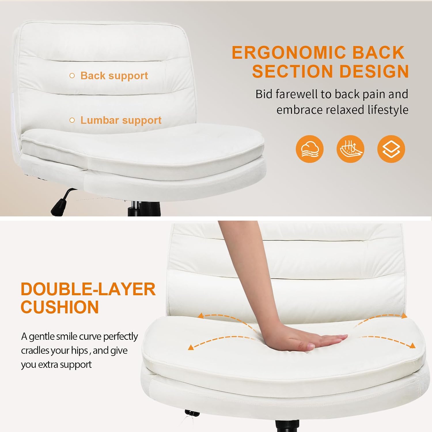 COMHOMA Cross Legged Office Chair with Wheels Armless-Office Desk Chair, Modern Vanity Computer Task Chairs for Home Bedroom, Comfortable Wide Seat for Lower Back Pain Relief, Soft Velvet, Beige