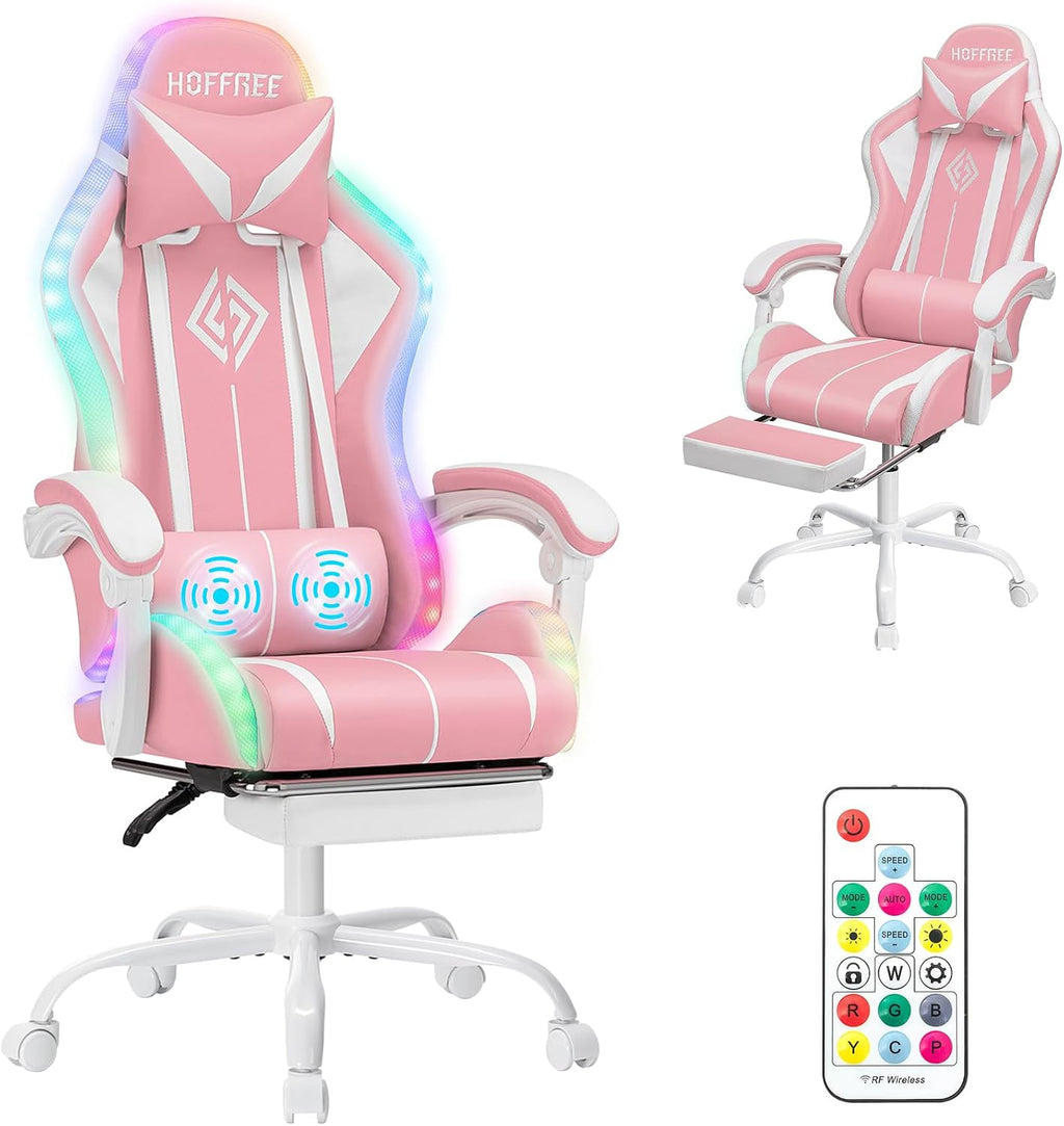 HOFFREE Gaming Chair with LED RGB Lights with Massage and Footrest Ergonomic Computer Chair High Back Video Game Chair with Adjustable Lumbar Support Linkage Armrest Pink and White