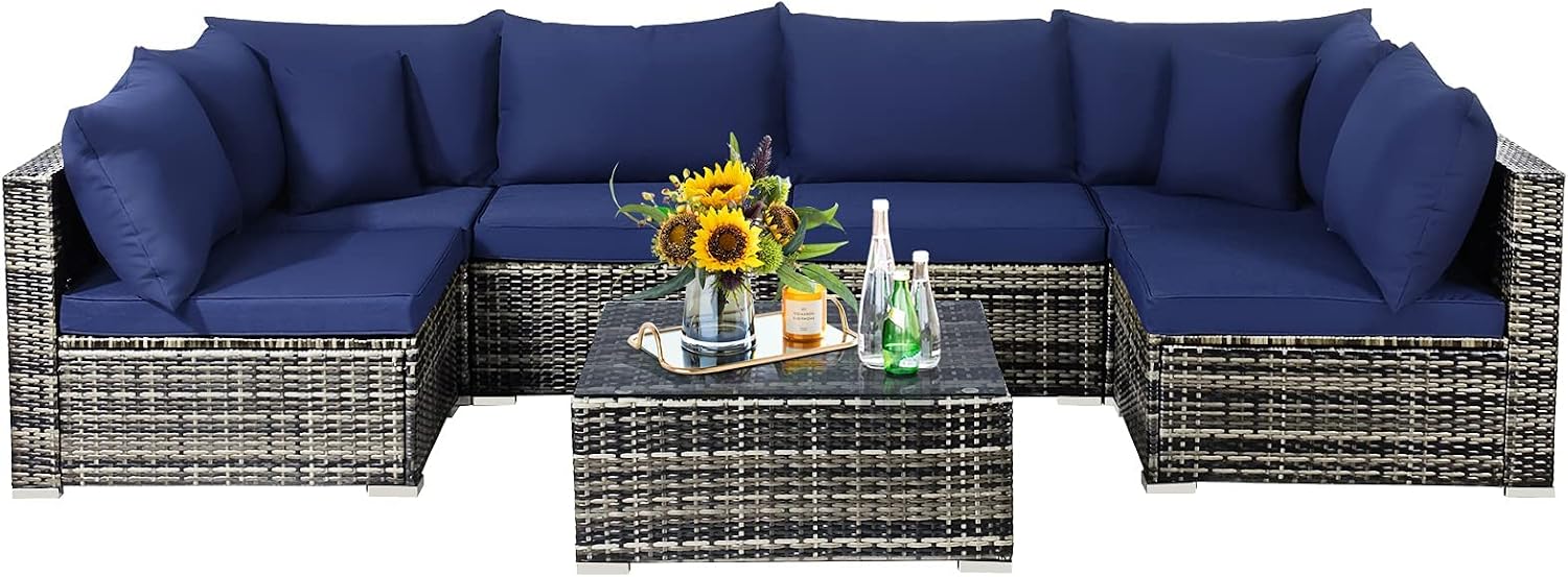 Tangkula 7 Pieces Wicker Patio Furniture Set, All-Weather Outdoor Rattan Sectional Sofa Set with Cushions & Tempered Glass Coffee Table, Outside Sofa Set for Garden, Lawn, Deck, Backyard (Navy)