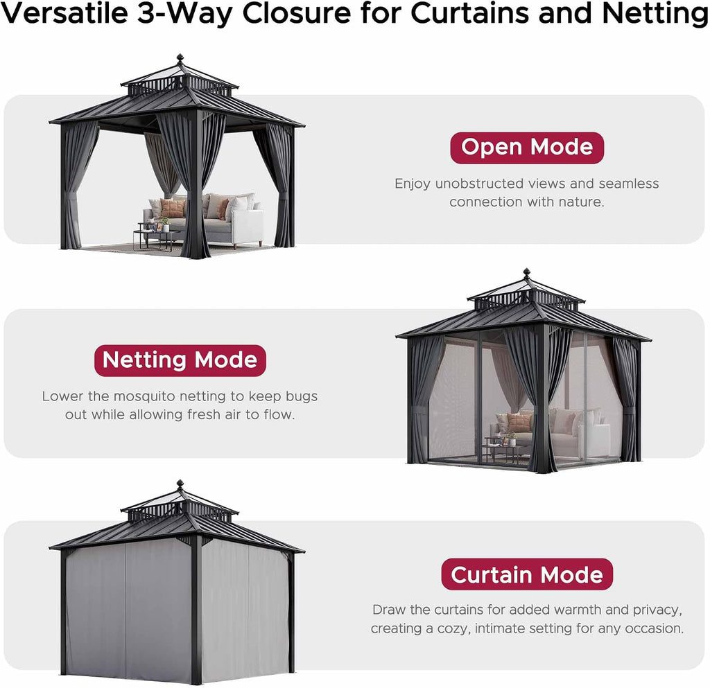 SUNJOY Kingston 10' x 10' Hardtop Gazebo with Galvanized Steel/Polycarbonate Double Roof, Curtain and Netting, Gray Aluminum Posts Permanent Pavilion Gazebo for Garden, Patio, Deck, Lawn
