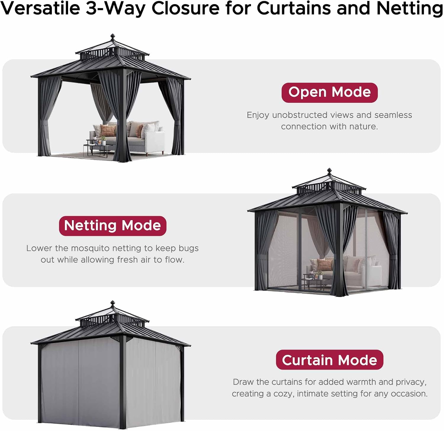 SUNJOY Kingston 10' x 10' Hardtop Gazebo with Galvanized Steel/Polycarbonate Double Roof, Curtain and Netting, Gray Aluminum Posts Permanent Pavilion Gazebo for Garden, Patio, Deck, Lawn