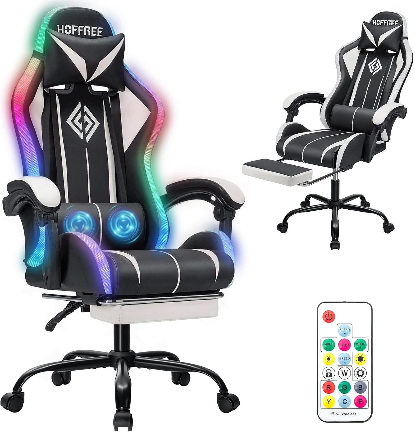 HOFFREE Gaming Chair Massage with LED RGB Lights and Footrest Ergonomic Computer Chair High Back Video Game Chair with Adjustable Lumbar Support Linkage Armrest White and Black