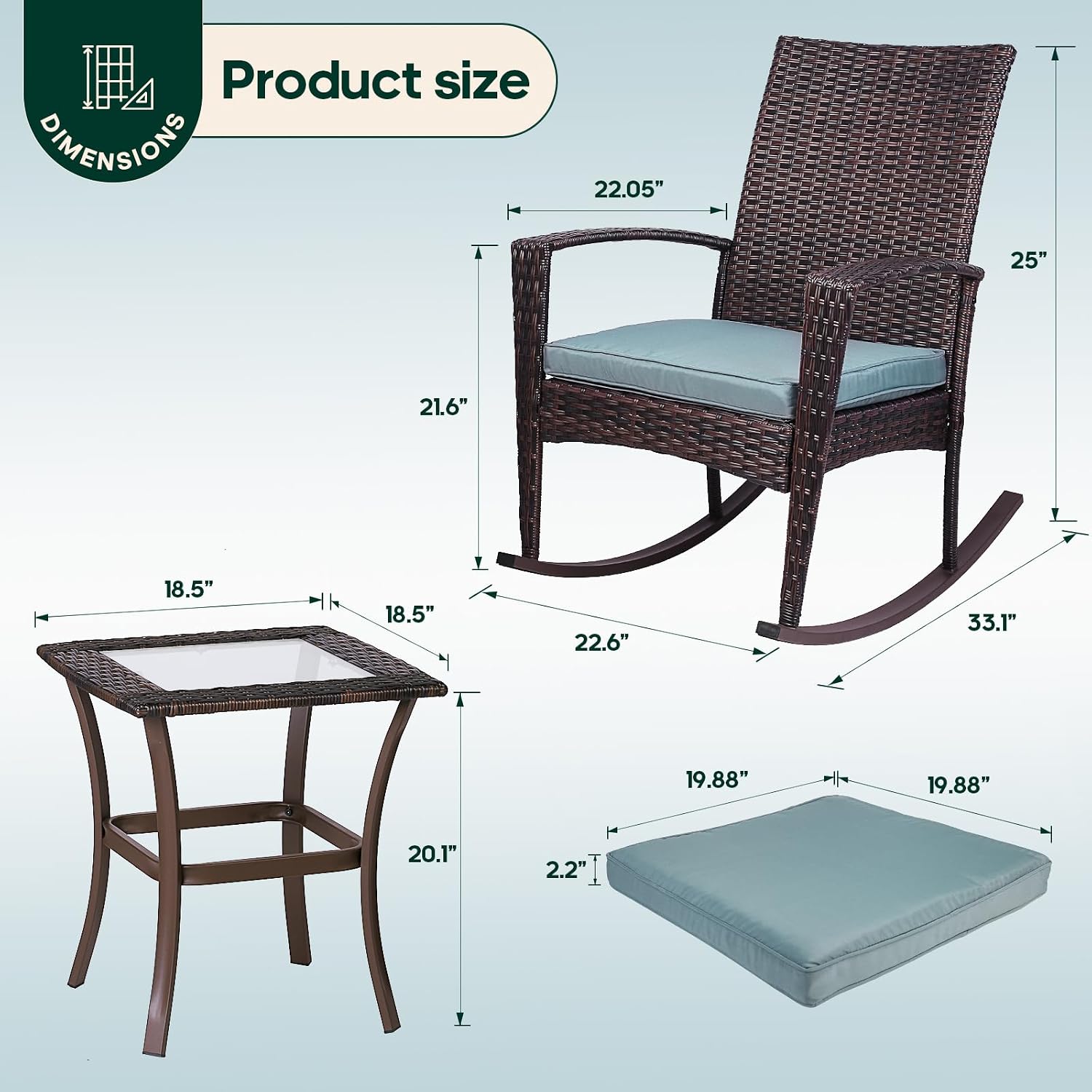 Niubya 3 Piece Wicker Rocking Chair Patio Furniture Sets, Outdoor Wicker Bistro Rattan Chair Conversation Sets with Cushions and Coffee Table, Grey and Brown