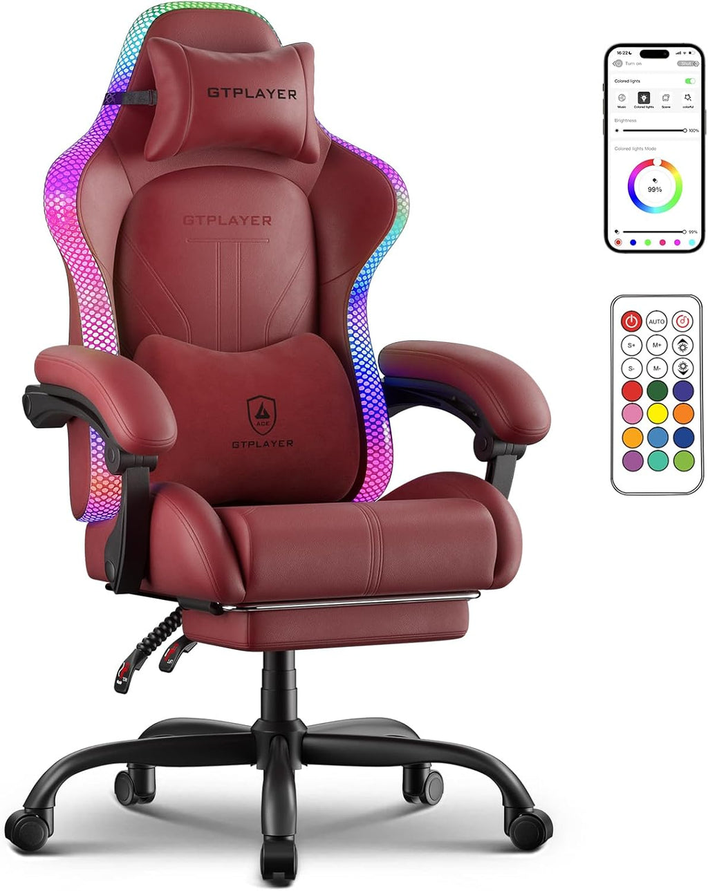 GTPLAYER Gaming Chair, Computer Chair with RGB LED Lights, High Back Ergonomic Chair for Adults with Footrest, Reclining Office Chairs, Linkage Armrest, Wine Red