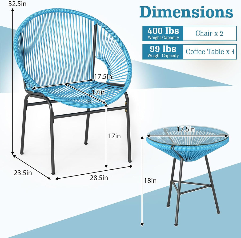 Tangkula 3 Piece Outdoor Patio Furniture Set, Acapulco Chair Set w/Plastic Rope, Tempered Glass Table, All Weather Patio Bistro Set for Patio, Lawn, Garden, Backyard (Turquoise)