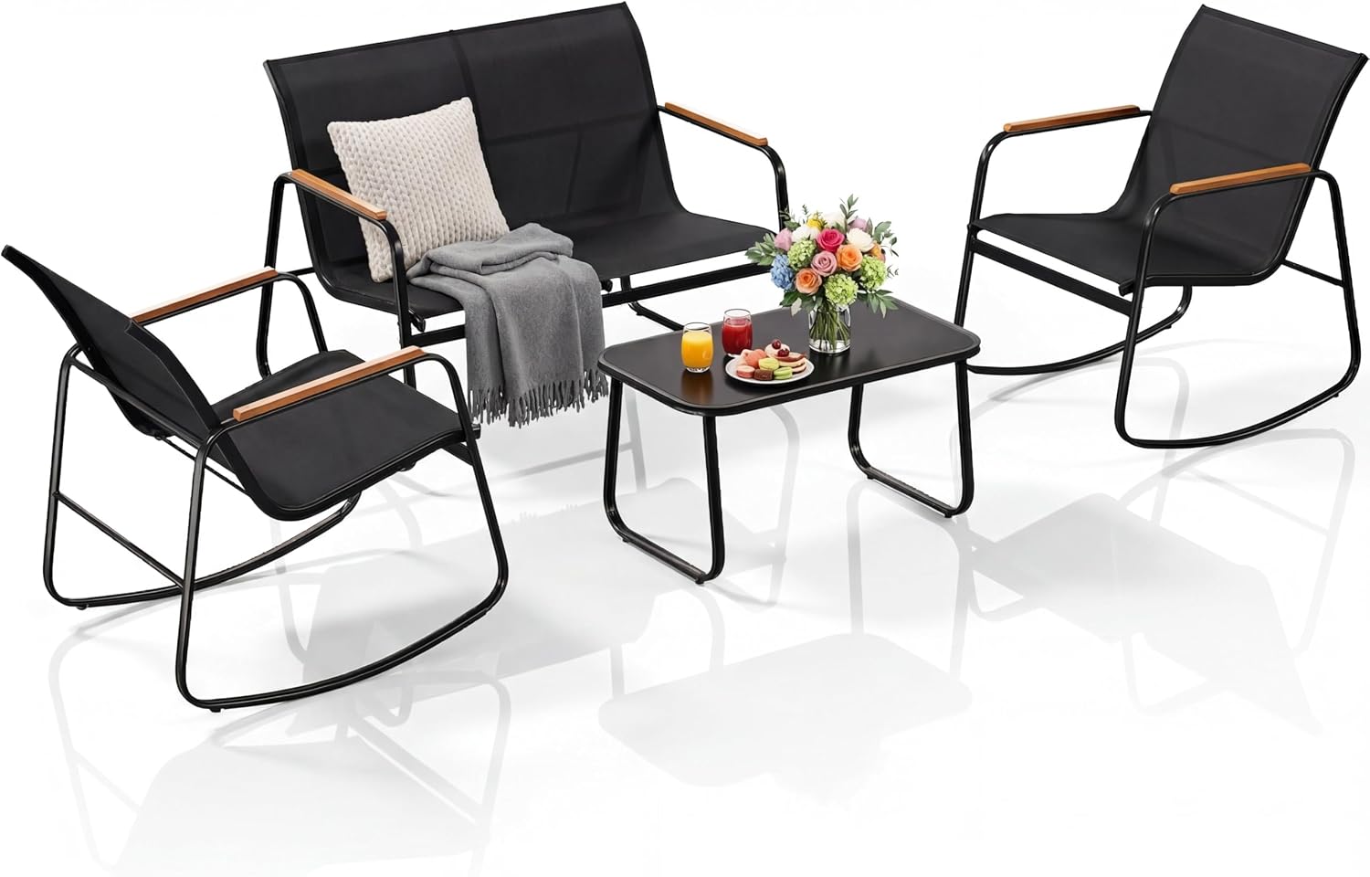 YITAHOME 4 Pieces Patio Furniture Set, Outdoor Textilene Conversation Sets Rocking Bistro Chairs, Loveseat and Glass Table for Living Room Lawn Garden Balcony Poolside Backyard (Black)